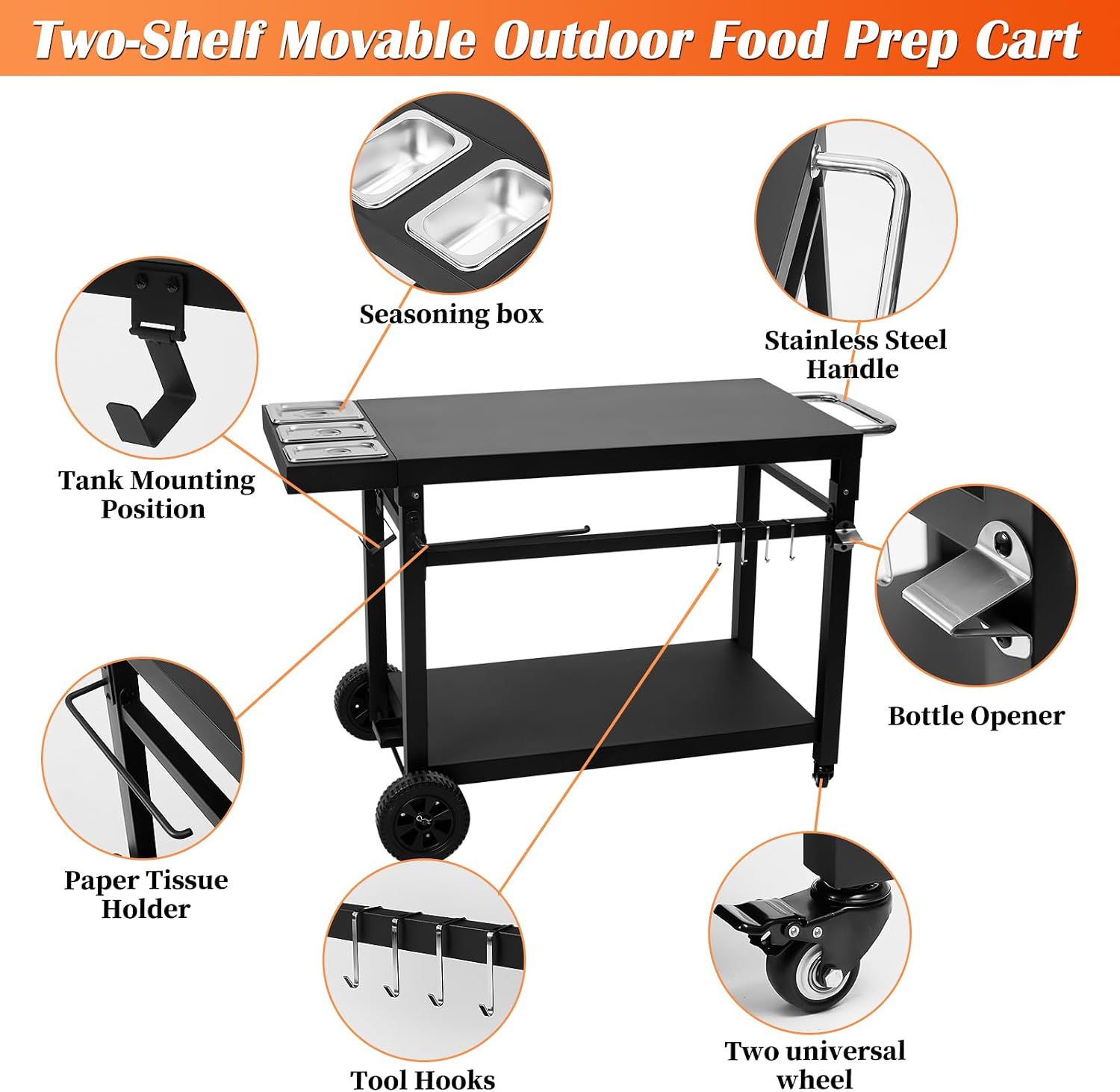 Black Cast Iron 2-Shelf Grill Cart with Wheels,Heavy Duty Pizza Oven Stand for Blackstone Ninja,Outdoor Cooking Station with Durable Tabletop
