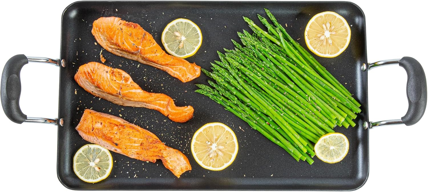 Restaurantware-Met Lux 16.5 x 10.5 Inch Double Burner Griddle, 1 No-Stick Flat Top Grill - Cool Touch Handles, Compatible With Gas And Electric, Aluminum Griddle Pan, Even-Heating, For Eggs