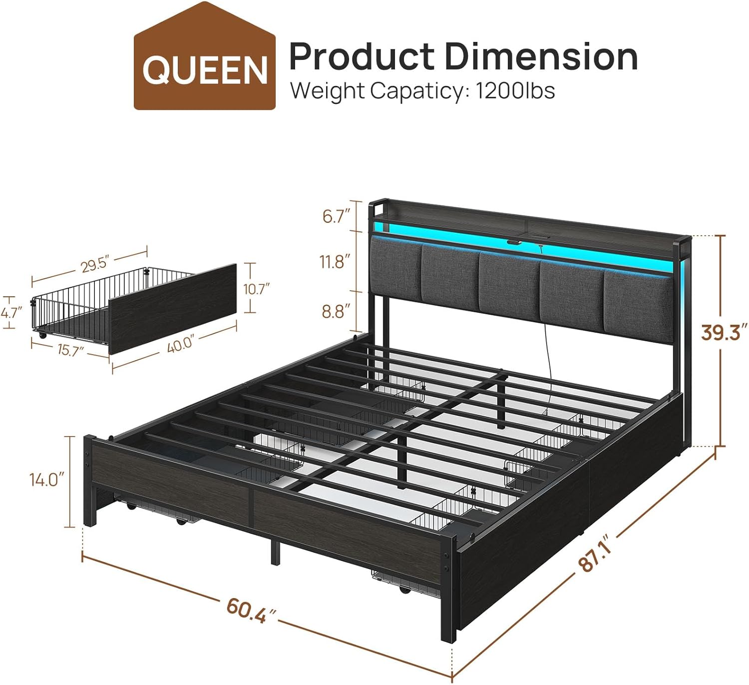 Rolanstar Bed Frame Queen Size with Charging Station and LED Lights, Upholstered Storage Headboard with Drawers, Heavy Duty Metal Slats, No Box Spring Needed, Noise Free, Easy Assembly, Dark Grey