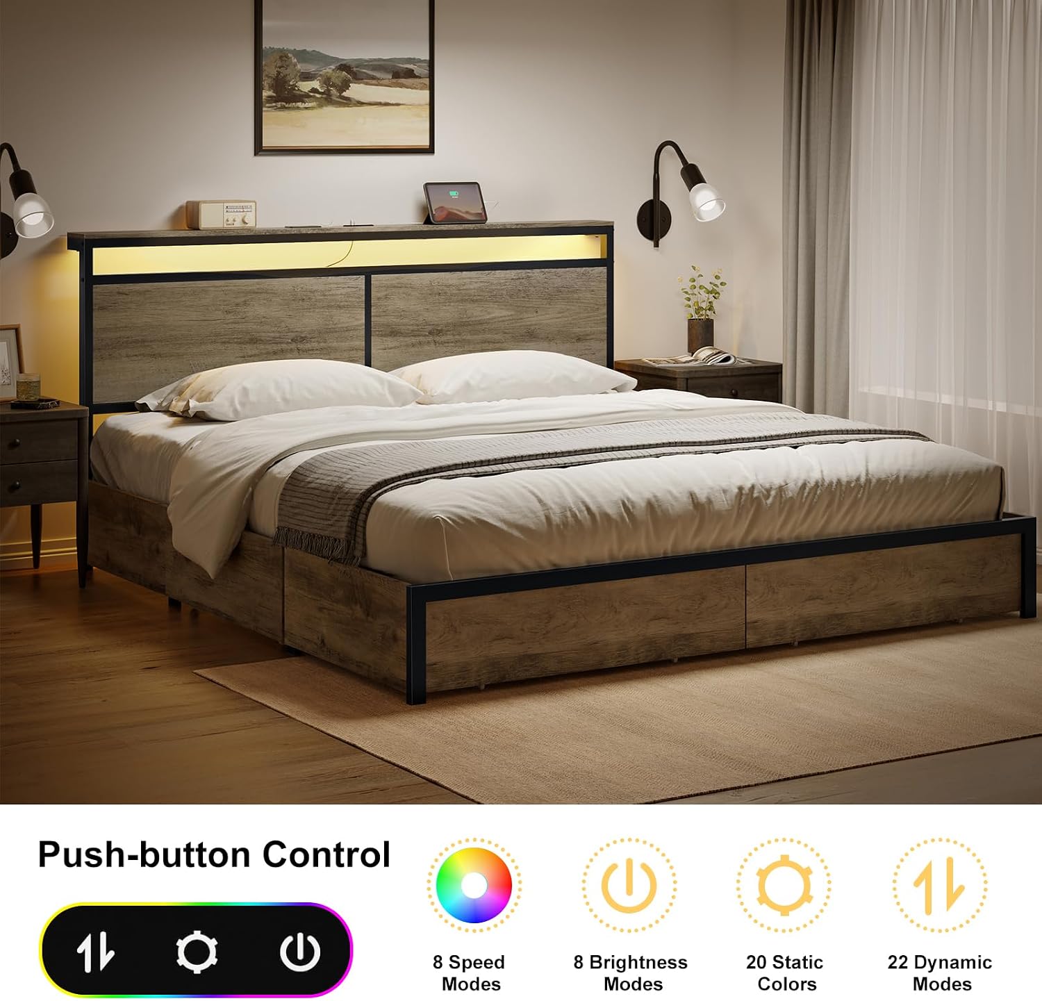 HAUSOURCE King Bed Frame with 4 Storage Drawers Metal Platform Bed Frame King Size with Headboard Charging Station LED Lights Non-Slip Without Noise No Box Spring Needed