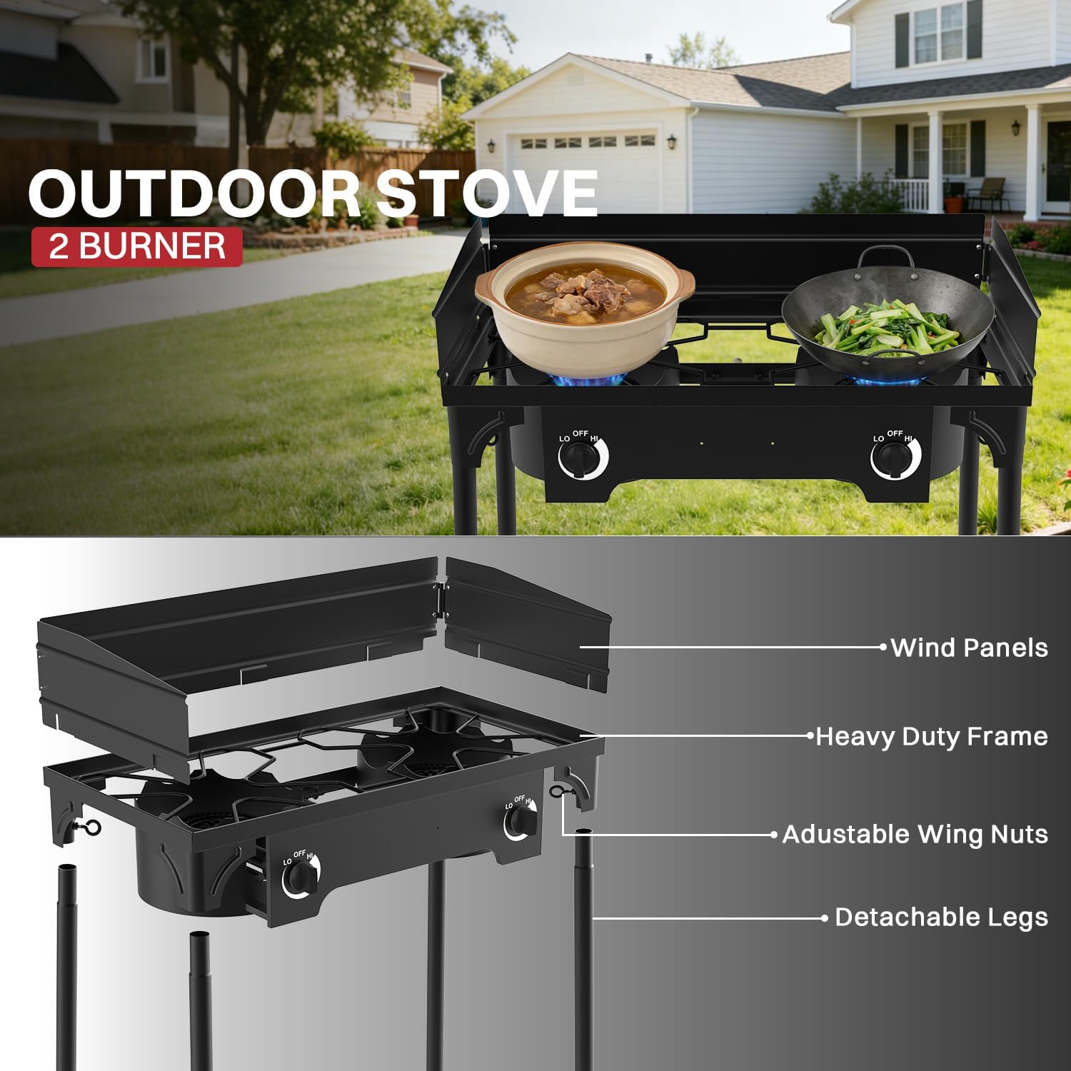 2 Burner Propane Camp Stove | High Pressure 150,000 BTU Gas Burners with Windscreen | Cover | Detachable Legs | 0-20 PSI Regulator | Ideal for Camping Backyard Outdoor Cooking