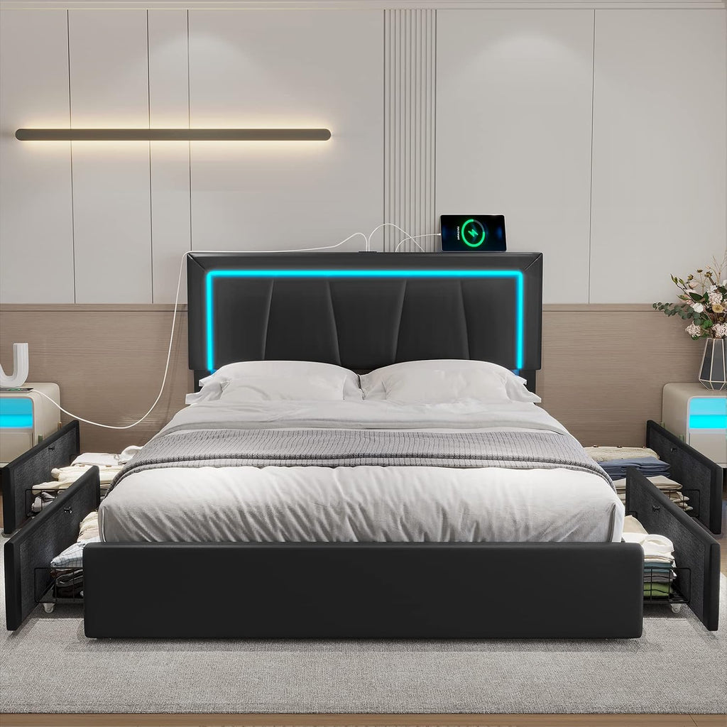 Hasuit Full Bed Frame with 4 Storage Drawers Underneath, Upholstered Platform Bed Full Size with Artificial Leather Headboard, Modern Bed with LED Light, and Charging Station, Black