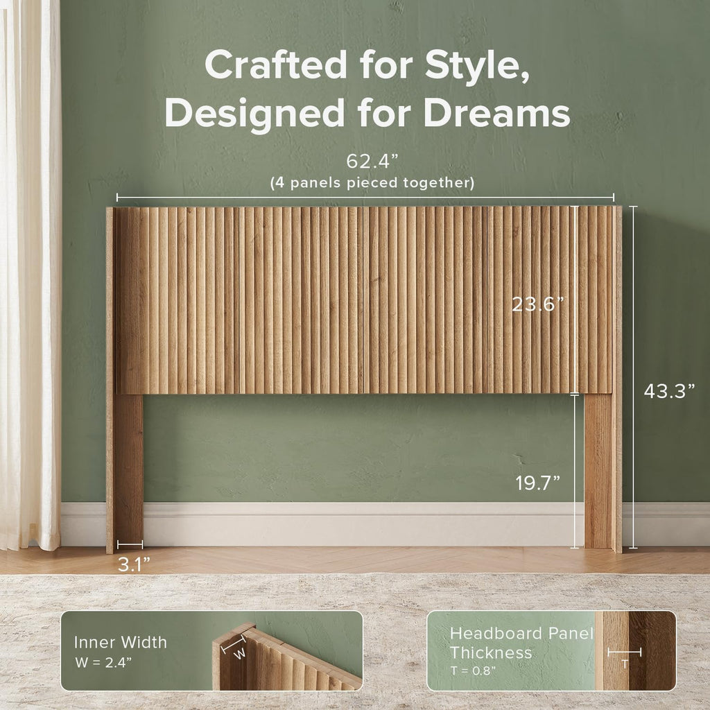 mopio Brooklyn Fluted Panel Wingback Headboard 62.4' - Wall Mount Headboard for Queen Bed, Modern Farmhouse Bedroom Decor, 4-Panel Assembly (Golden Oak, Queen)