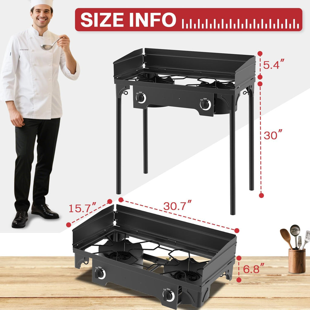 2 Burner Propane Camp Stove | High Pressure 150,000 BTU Gas Burners with Windscreen | Cover | Detachable Legs | 0-20 PSI Regulator | Ideal for Camping Backyard Outdoor Cooking