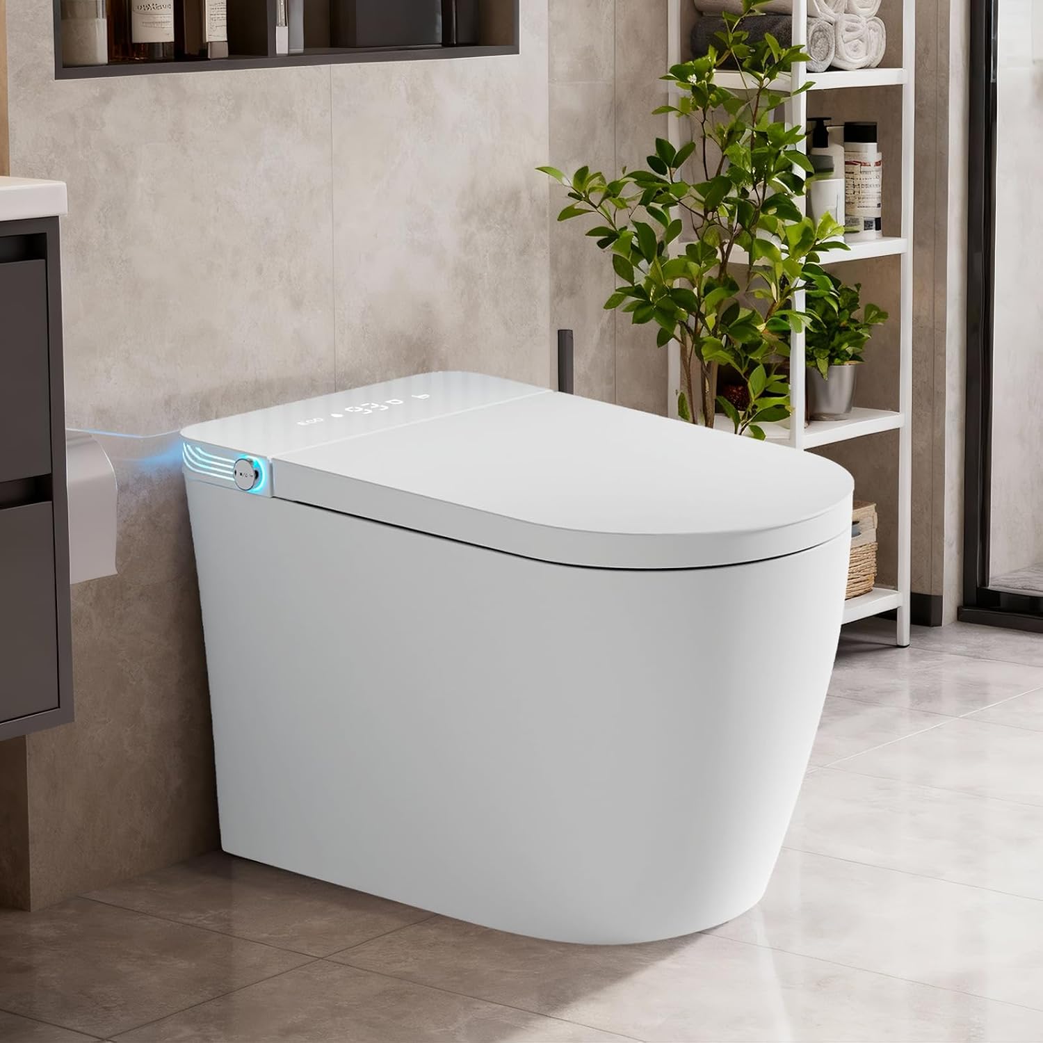 Smart Toilet with Bidet Built in, One Piece Bidet Toilet with Heated Seat & Dual Auto Flush, Foot Sensor, Warm Water Wash&Dry, Modern Electric Tankless Toilet for Bathroom with Auto Lid&Seat