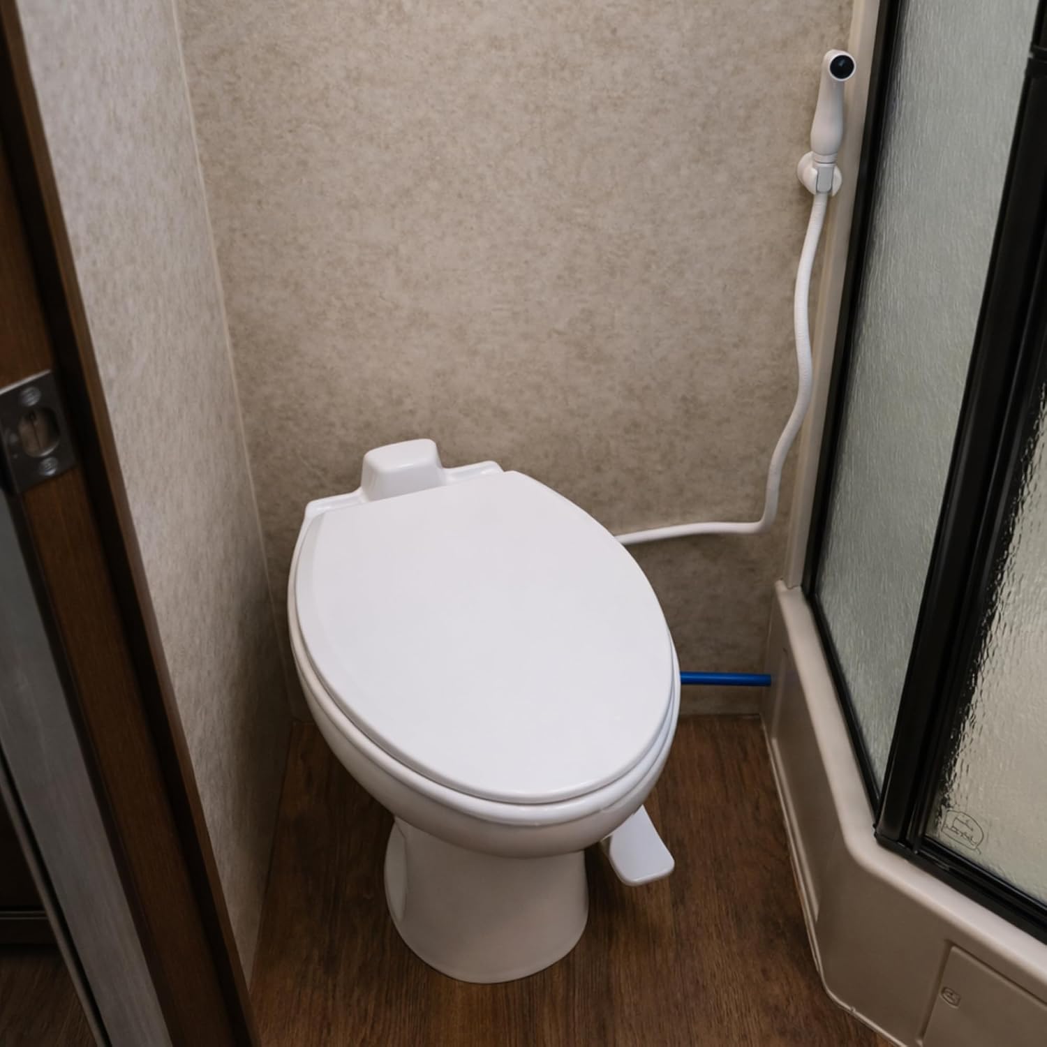 SEAFLO Porcelain RV Toilet with Sprayer Attachment - Elongated Bowl 19' Inch Residential Height, Gravity Flush, Foot Pedal Soft Close Seat Camper Motorhome Easy Install 4 -year Warranty SFRTCH-02-02