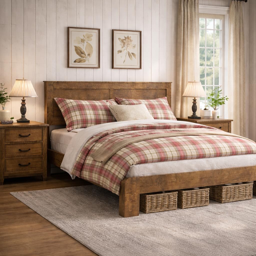 Wooden Bed Frame Full Size with Headboard, Farmhouse Platform Bedframe with Wood Slat Support, Sturdy Framework Bed Frame, Easy Assembly (Rustic Brown)