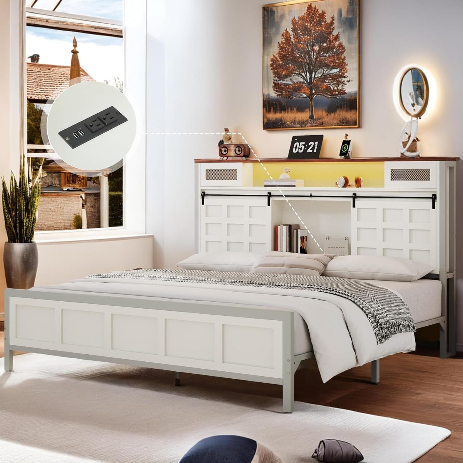 YITAHOME King Size Bed Frame Farmhouse with 49.14' Tall Storage Headboard, Charging Station & Led Light, Sliding Barn Door, Wooden Platform Bed Frame, Metal Slats Support, No Box Spring Needed, White
