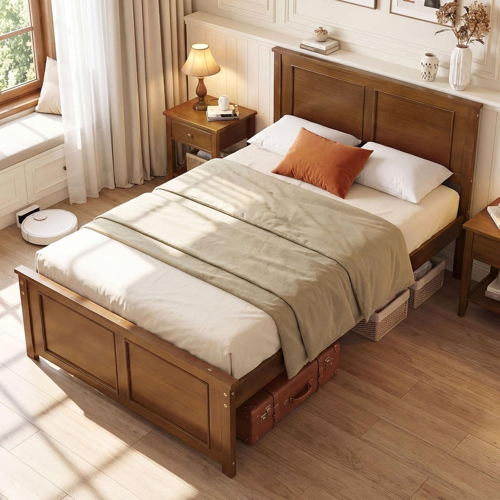 Giantex Wood Twin Bed Frames with Headboard, Farmhouse Solid Platform Bed w/Wooden Slat Support Mattress Foundation, Under-Bed Storage, No Box Spring Needed, Walnut