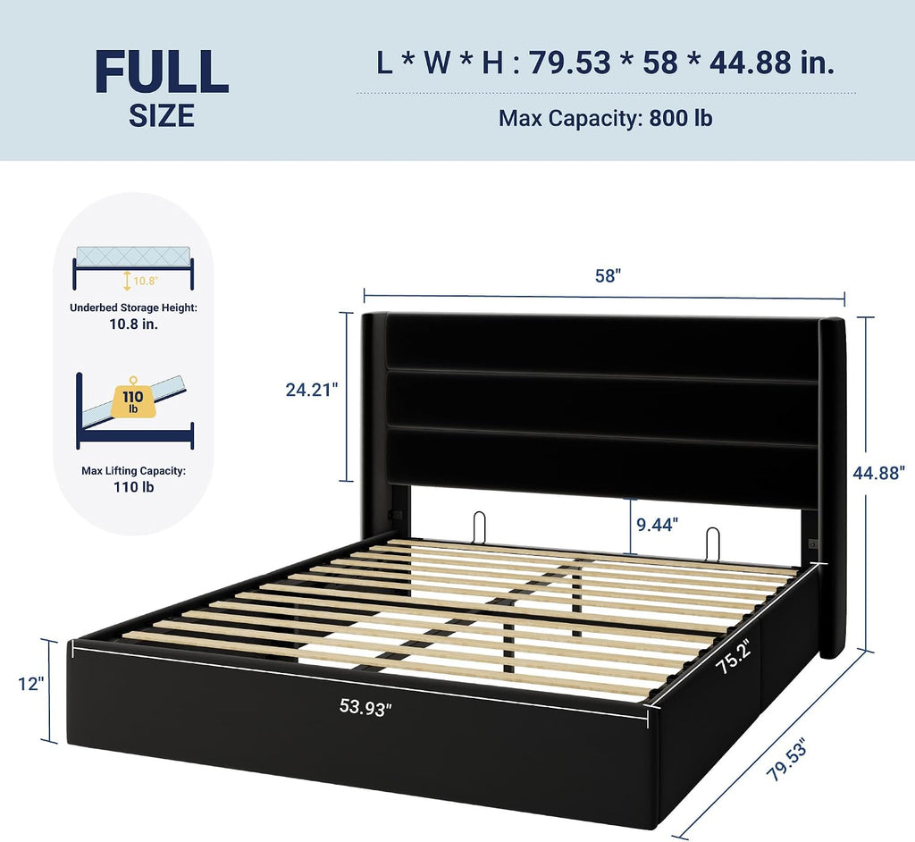 Allewie Full Size Velvet Lift Up Storage Bed, Modern Wingback Headboard, Hydraulic Support, No Box Spring Needed, Black