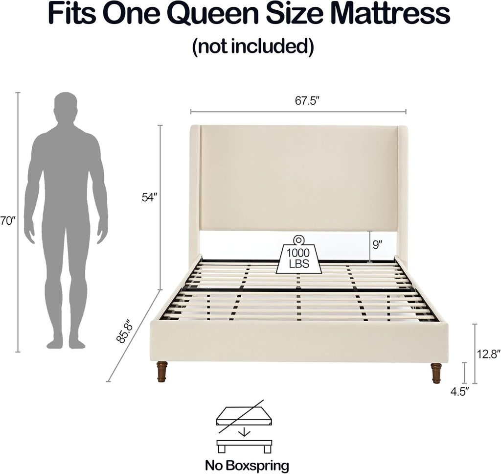 Queen Size Bed Frame With Headboard,54' Headboard Boucle Upholstered Platform Bed,Bedroom Furniture Sets No Springs Required,Metal Bed Frame With Wooden Slats for Strong Support,No Noise Free,Ivory