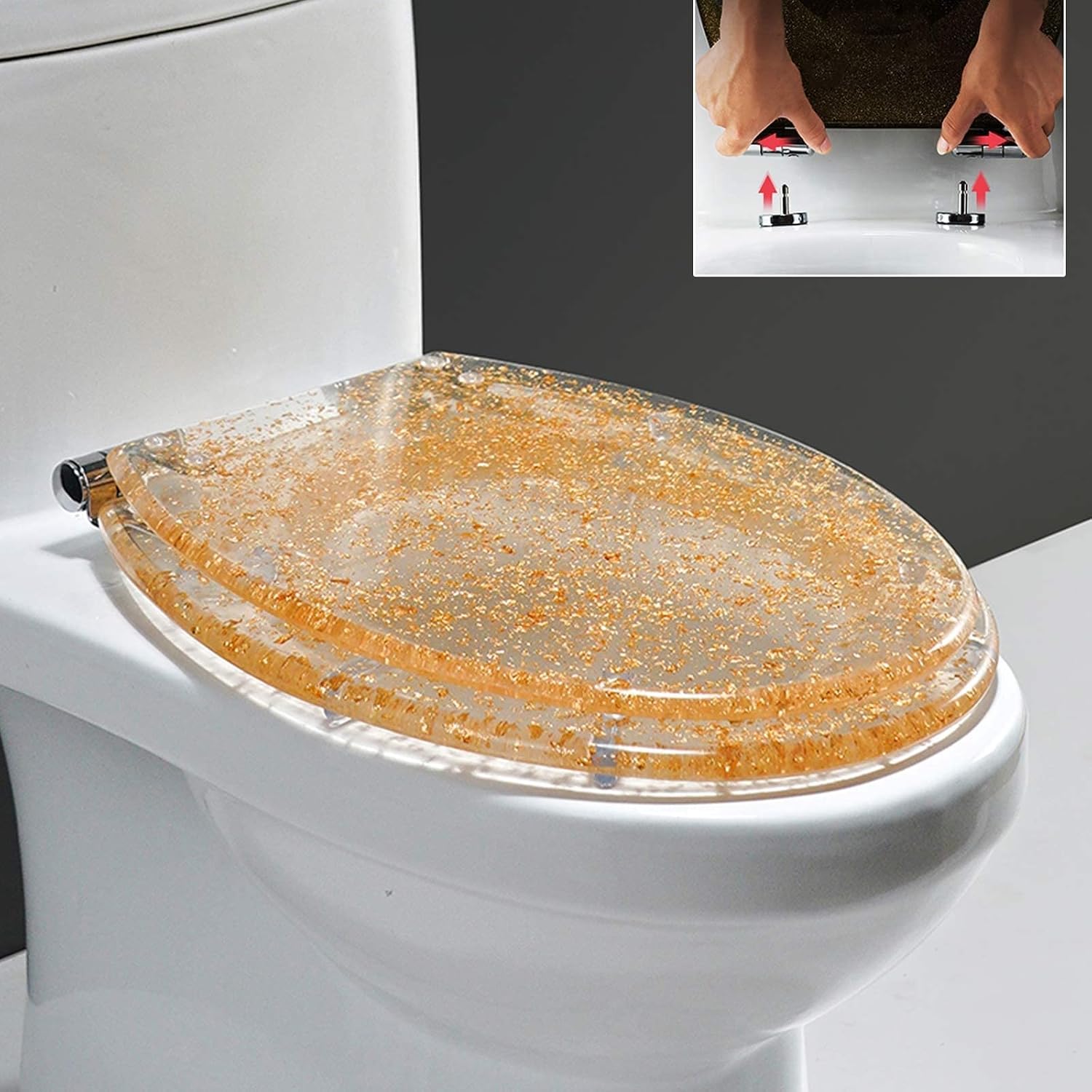 Glitter Resin Toilet Seat Elongated, Soft Close Quick Release, Easy Installation/Remove, Fit All Standard Oval-Shape (Gold Foil)
