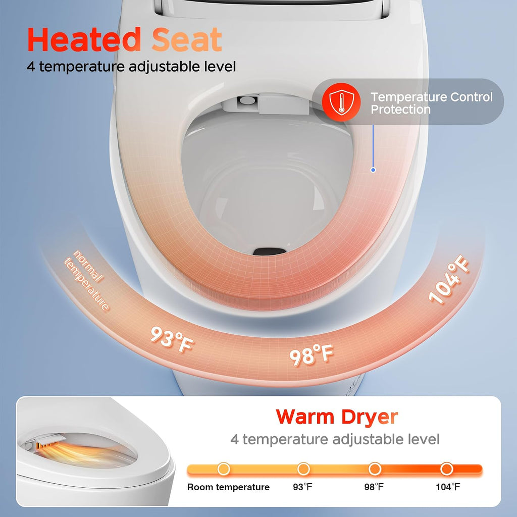 Smart Toilet with Bidet and Foam Shield Splash-Proof Protection, Touchless Auto Open Lid & Self-Cleaning, Modern Tankless Toilet with Remote Control, Heated Seat for Home Use