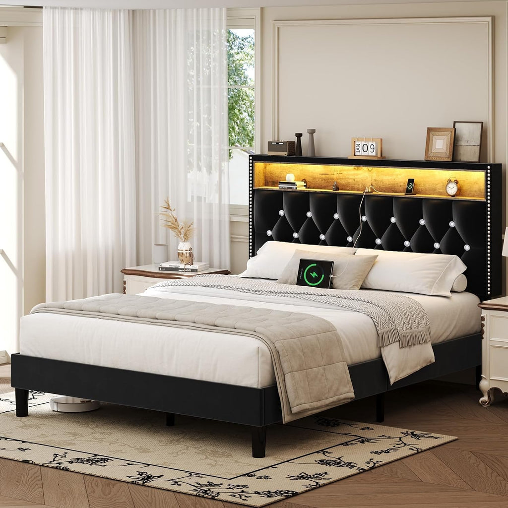 HOMBCK Queen Size Bed Frames with LED Lights and Headboard, Velvet Upholstered Beds Frames Queen with Charging Station and Storage, Modern Diamond and Rivet Design, No Box Spring Needed, Black