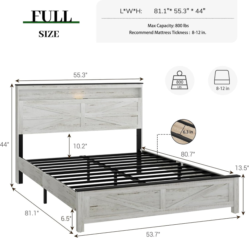 Full Size Bed Frame with Headboard, Rustic Farmhouse Wood Bed Frame with LED Lights and Charging Station, Easy Assembly, No Box Spring Needed (White, Full)