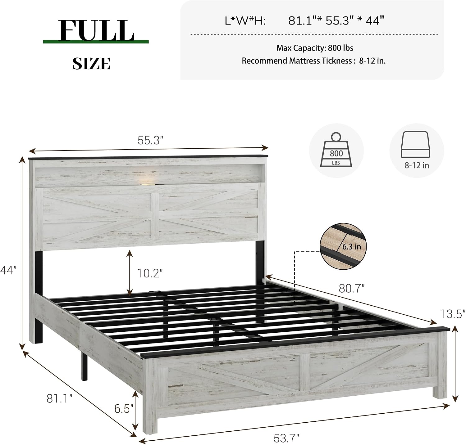 Full Size Bed Frame with Headboard, Rustic Farmhouse Wood Bed Frame with LED Lights and Charging Station, Easy Assembly, No Box Spring Needed (White, Full)