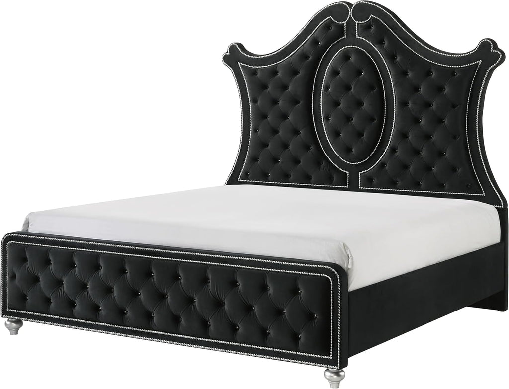 6pc Contemporary Black Finish Luxury Upholstered King Size Panel Bed Set Arched Headboard Master Bedroom Furniture