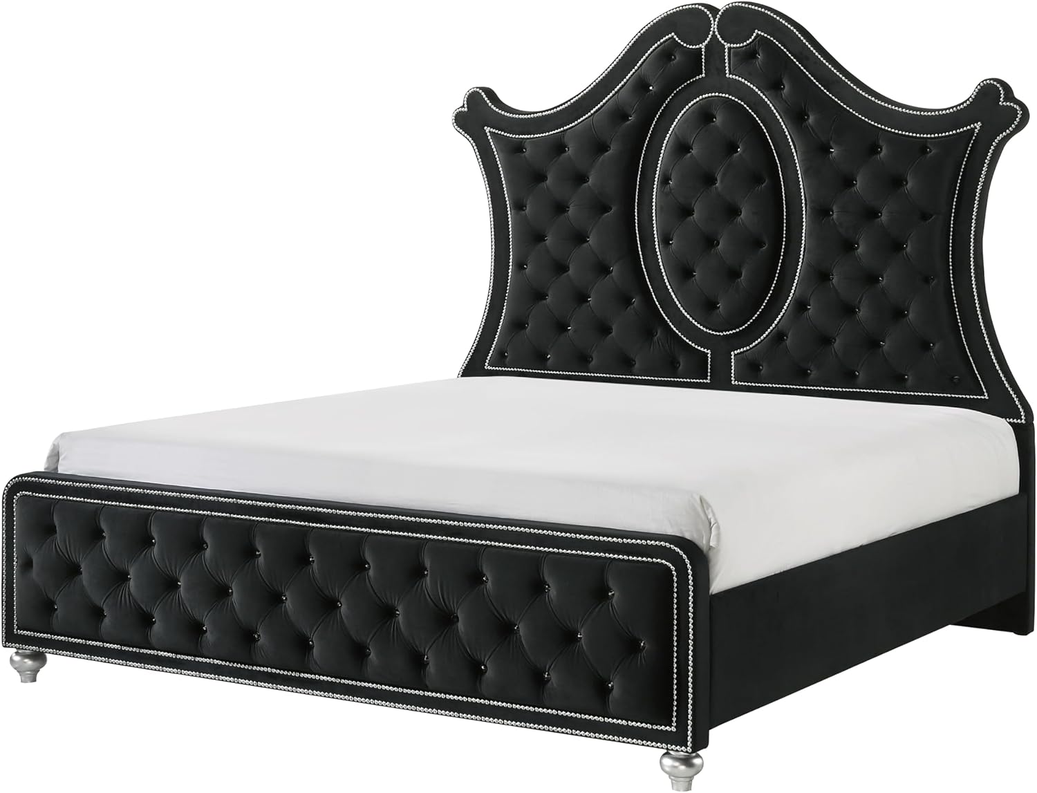 6pc Contemporary Black Finish Luxury Upholstered King Size Panel Bed Set Arched Headboard Master Bedroom Furniture