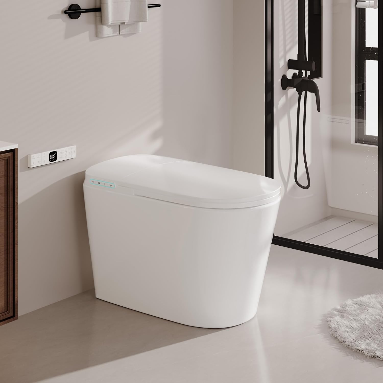 Luxury Smart Toilet with Tank, Elongated Electric Bidet Toilet with Cleaner Tablets, Heated Seat, Dual Auto Flush/Lid&Seat, Foot Sensor, UV-C light, One Piece Toilets with Dryer, LED Display