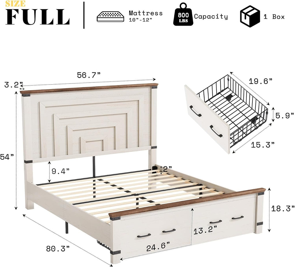 AMERLIFE Farmhouse Full Size Bed Frame with 54' Tall Geometric Headboard & Footboard, Rustic Wood Platform Bed Frame with Large Storage Drawers, Wood Slats Support, No Box Spring Needed, Rustic White