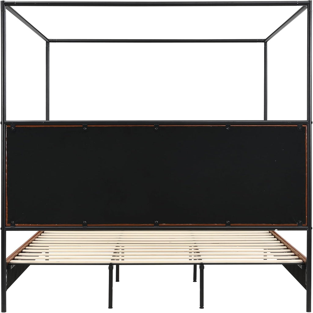 King Size Canopy Bed with Upholstered Headboard, Tall Four Poster Platform Bed for Bedroom (Brown+Black, King)