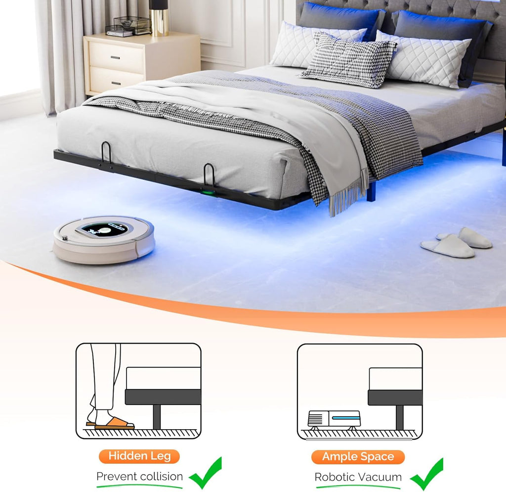 VINGLI Full Size Floating Bed Frame with Charging Station,Modern Metal Full Bed with led Lights,Easy Assembly,No Box Spring Needed,Adjustable Headboard,Upholstered Bed Frame for Adults, Kids