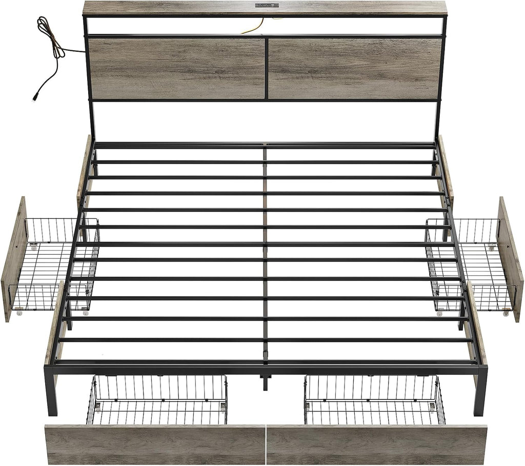 HAUSOURCE King Bed Frame with 4 Storage Drawers Metal Platform Bed Frame King Size with Headboard Charging Station LED Lights Non-Slip Without Noise No Box Spring Needed