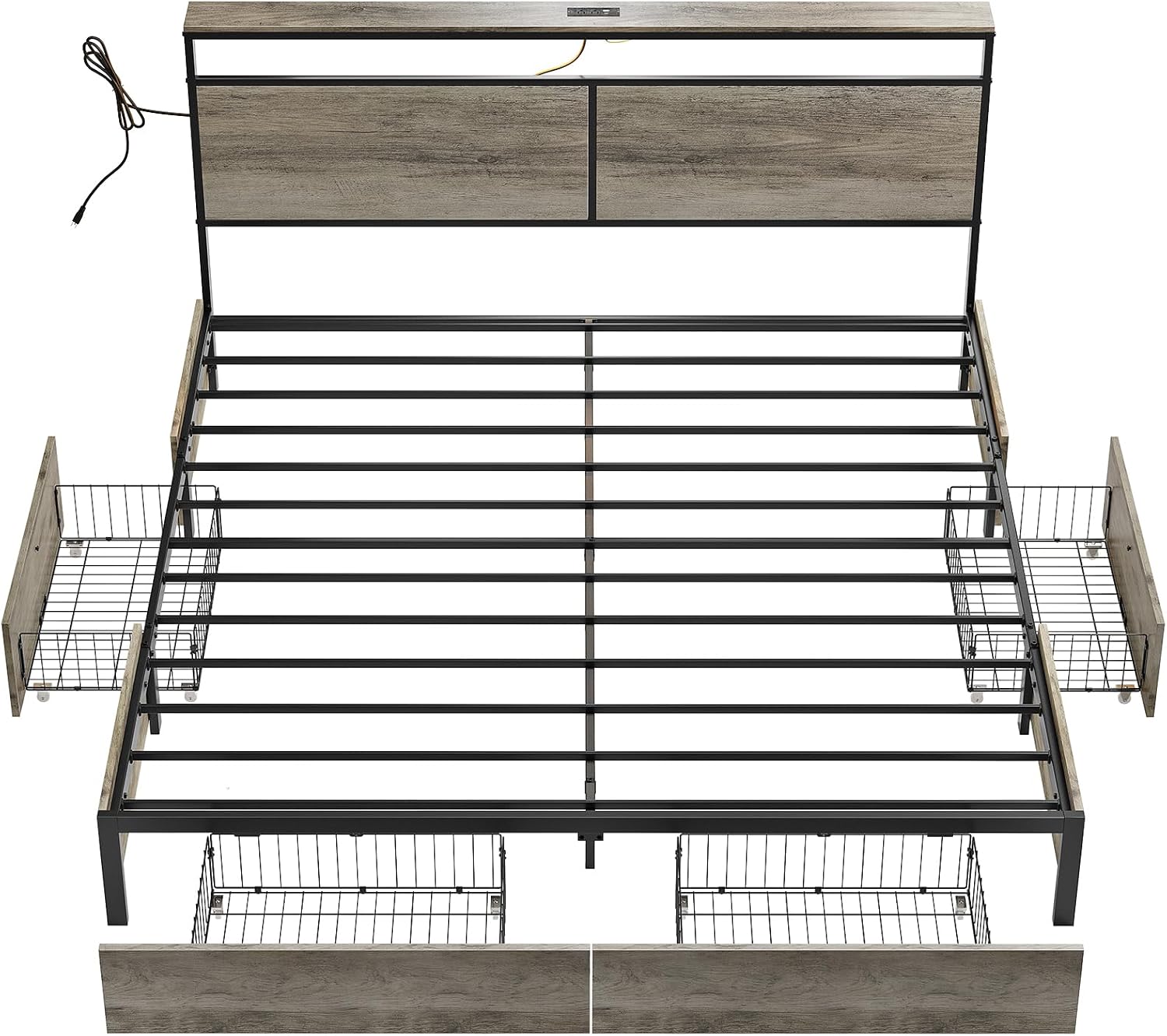 HAUSOURCE King Bed Frame with 4 Storage Drawers Metal Platform Bed Frame King Size with Headboard Charging Station LED Lights Non-Slip Without Noise No Box Spring Needed