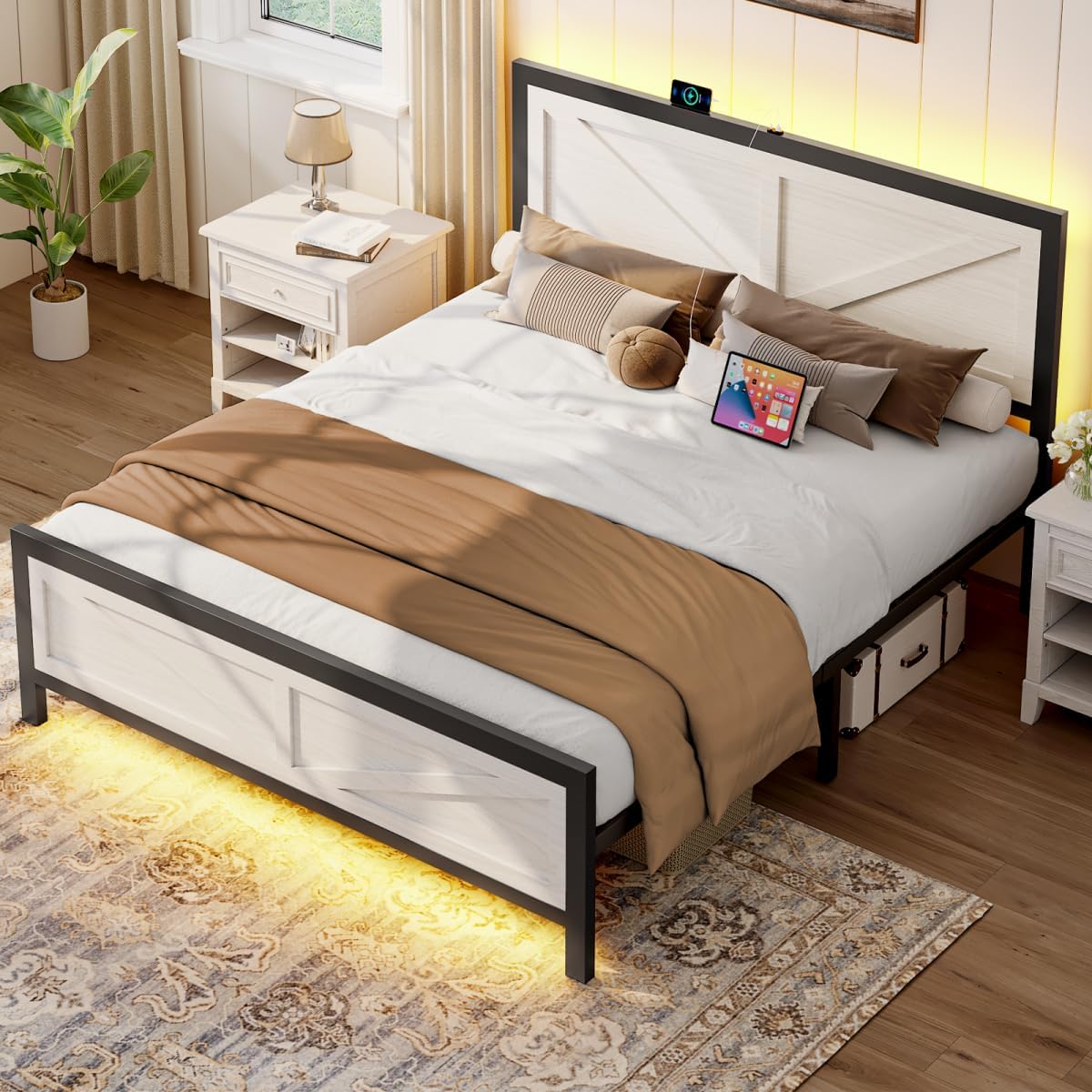 Rustic Bed Frame King Size with Barn Door Headboard, LED Bed Frame with Charging Station, Industrial Platform Metal Bed Frames, No Box Spring Needed, Easy Assembly, White