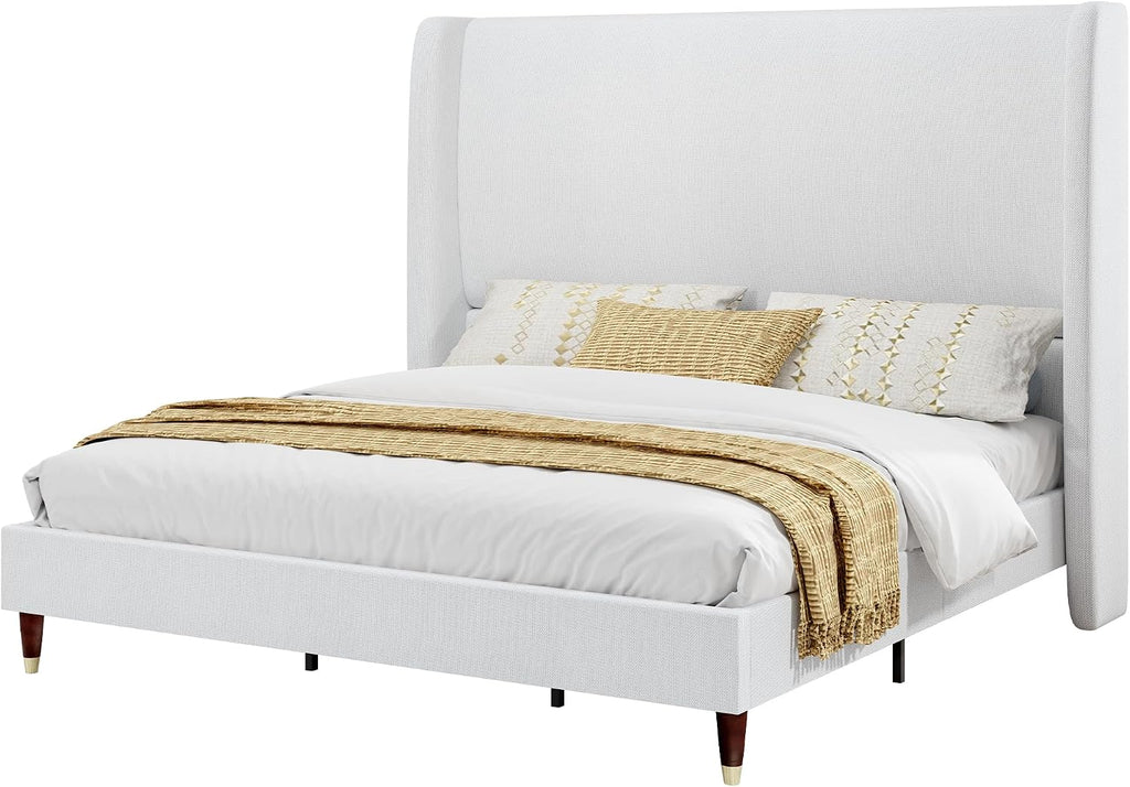 PaPaJet Queen Bed Frame with 51.2' Tall Wingback Headboard,Line Upholstered Platform Bed,Solid Wood Legs,No Box Spring Needed,Noise-Free&Easy Assembly,for Couples, Guest Room, Apartment,White