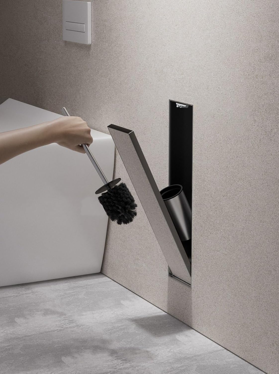 Stainless Steel Recessed Toilet Brush Holder - Invisible in-Wall Bathroom Niche Cabinet with Tileable Door, Enclosed Storage, Hygienic & Space-Saving (Matte Black ，45x12x12 cm)
