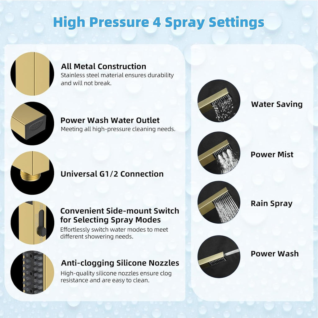 Hibbent All Metal CUPC Certified 10'' Rain Shower Head, Dual Shower Head Combo, High Pressure Handheld 4 Sprays Shower Wand, 16'' Adjustable Extension Arm, 71'' Hose, Shower Holder, Brushed Gold