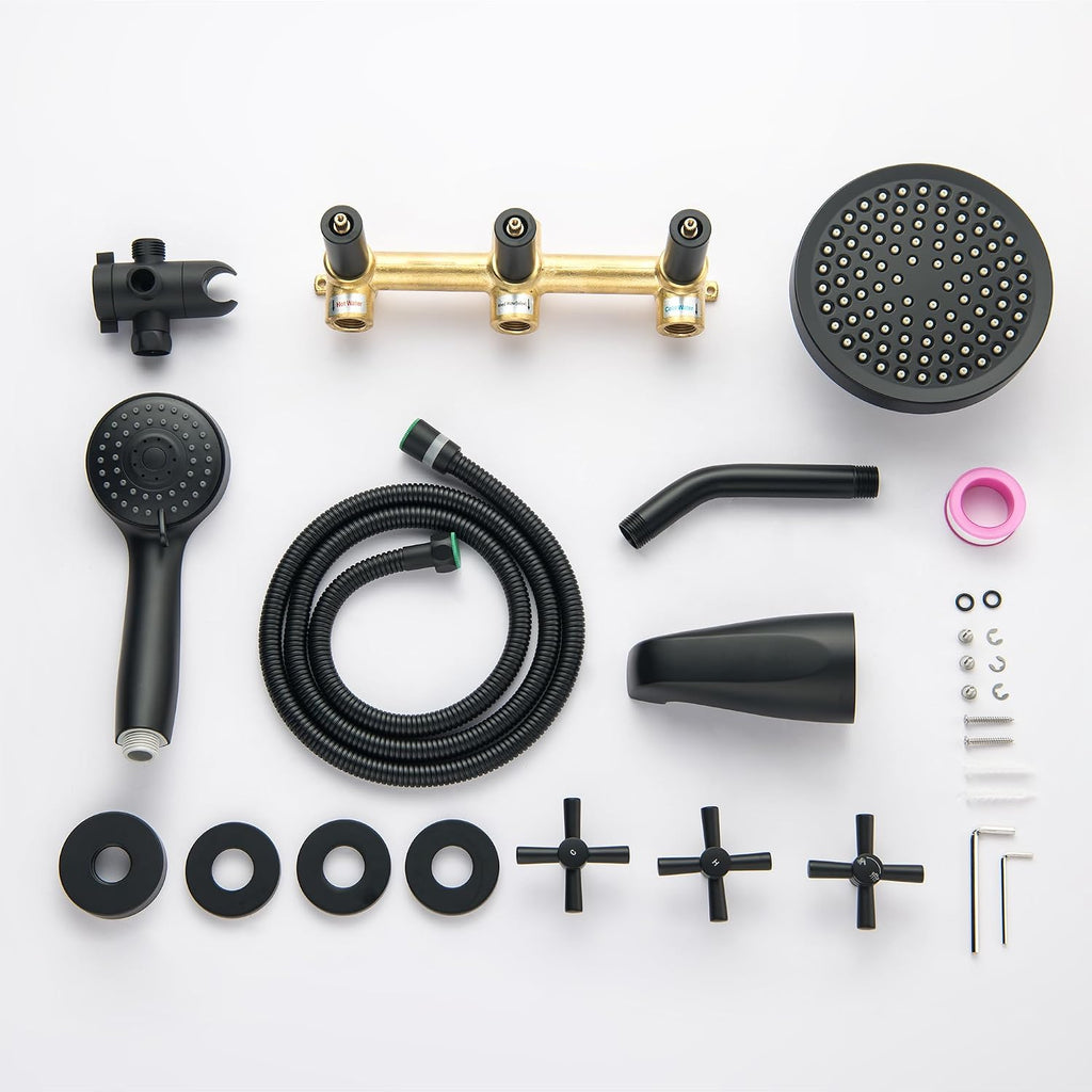 LIWEIKE 3 Handle Tub Shower Faucet, Matte Black Three Handles and Tub Spout Faucet Set Black Shower Faucet 3 Knob Brass Rough-in Valve