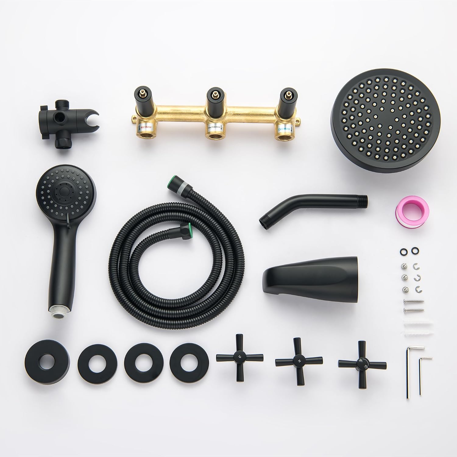 LIWEIKE 3 Handle Tub Shower Faucet, Matte Black Three Handles and Tub Spout Faucet Set Black Shower Faucet 3 Knob Brass Rough-in Valve