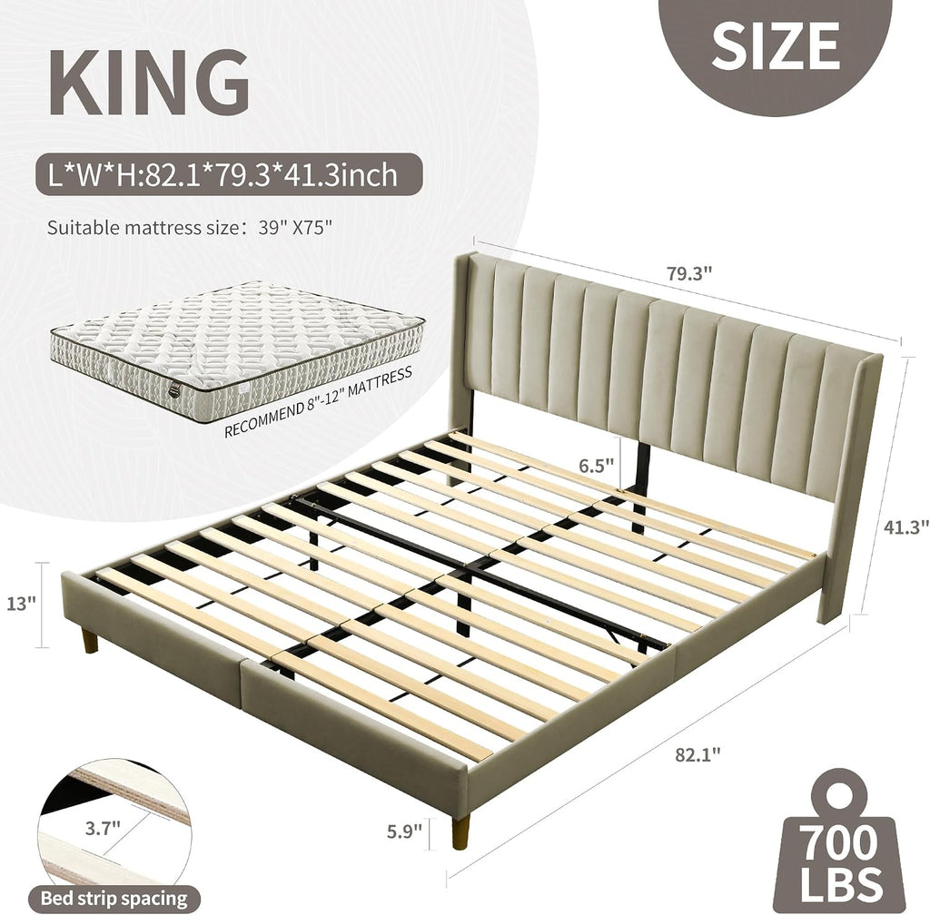 YUHUASHI upholstered Platform Bed Frame/King Bed Frame/Modern Geometric Double-Wing Design headboard/Linen Fabric/Easy to Assemble no Noise (Beige, King (U.S. Standard))
