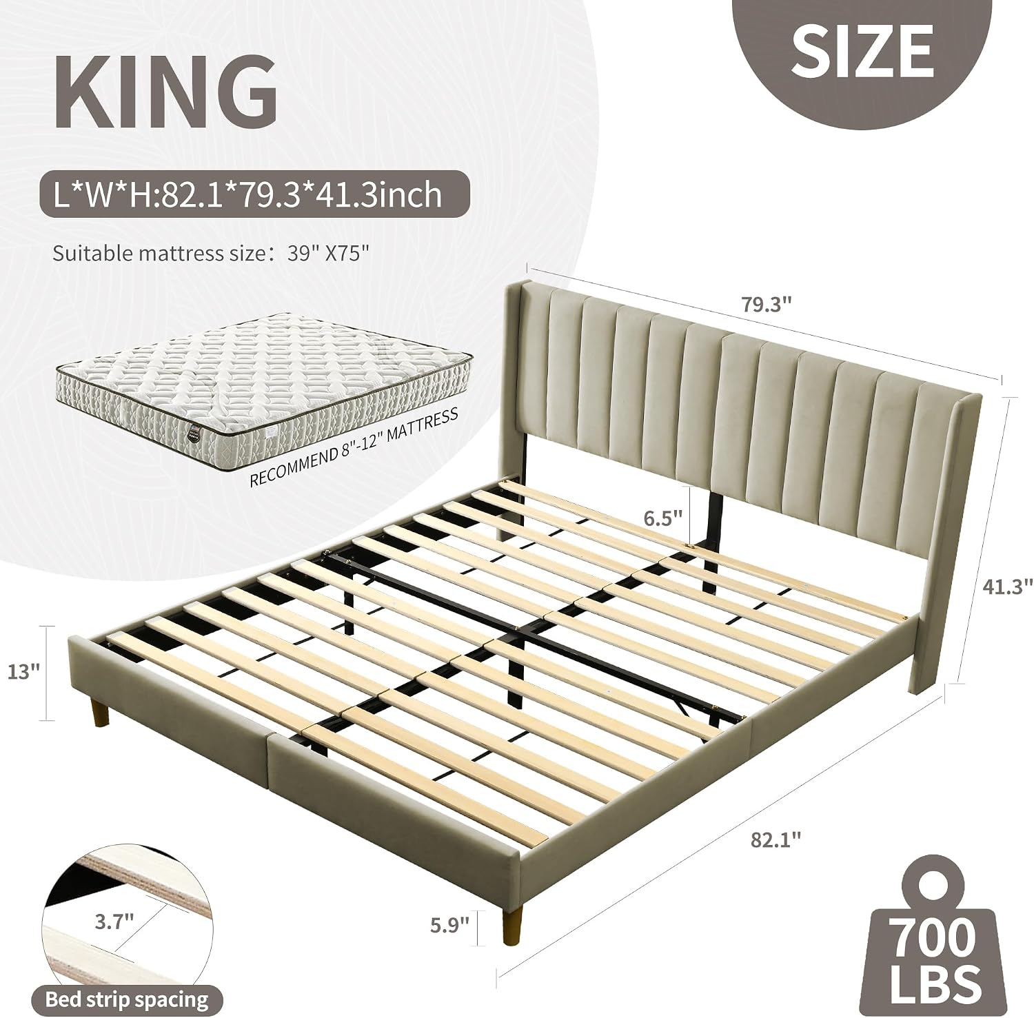 YUHUASHI upholstered Platform Bed Frame/King Bed Frame/Modern Geometric Double-Wing Design headboard/Linen Fabric/Easy to Assemble no Noise (Beige, King (U.S. Standard))