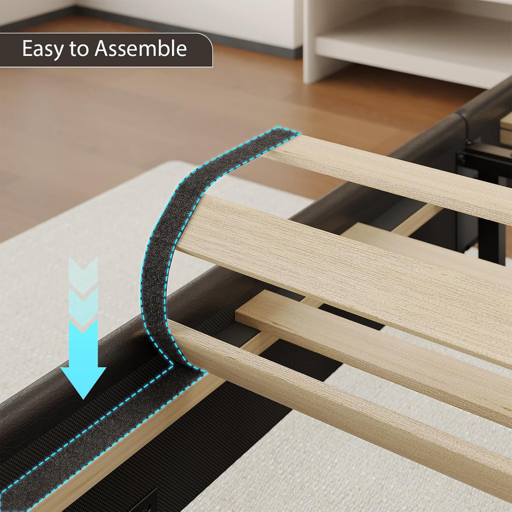 King Size Bed Frame with Storage Headboard, Floating Bed Frame King with Storage & Charging Station, King Size Bed with LED Lights,Platform Bed No Box Spring Needed, Noise-Free, Easy Assembly,PU Black