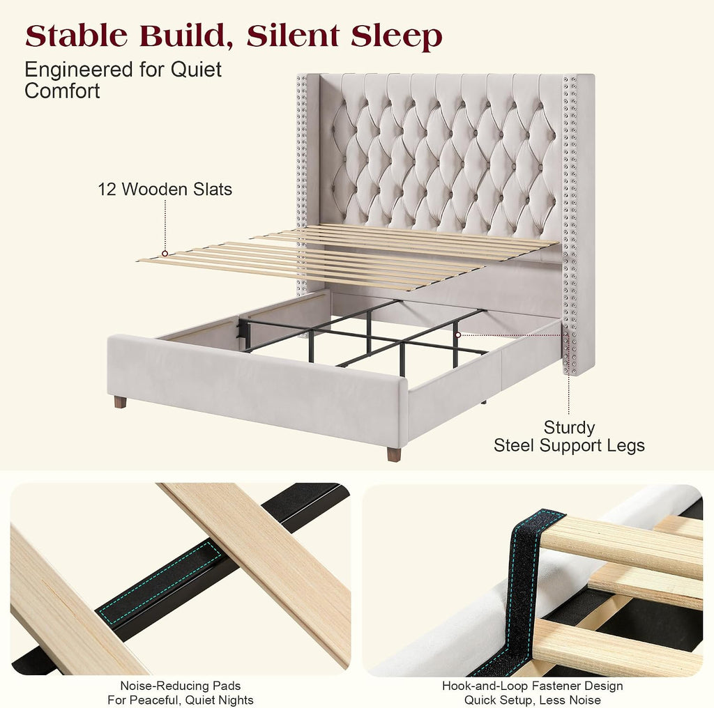 PaPaJet King Size Bed Frame with 61.4' Tall Headboard, Velvet Upholstered Platform and Handmade Deep Button Tufting, No Box Spring Required, Cream