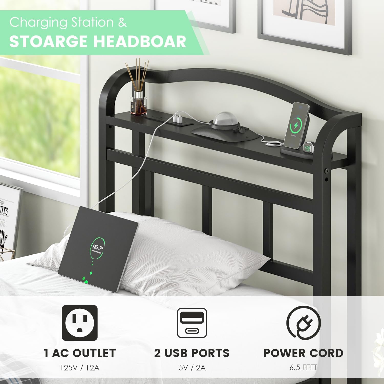 QEROMY Twin XL Bed Frame - Storage Headboard with Galaxy Aurora Star Projector & Charging Station, 18 inch Heavy Duty Metal Bed Frame No Box Spring Needed, Easy Assembly