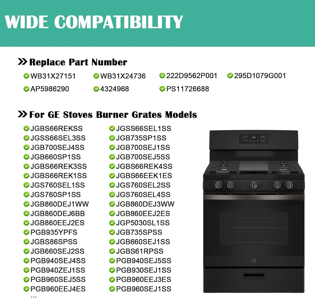 WB31X27151 Stove Grate Replacement for GE Stove Parts JGBS66REKSS, JGB700SEJ4SS, JGSS66SEL1SS, JGSS66SEL3SS, WB31X24736 Side Burner Grate Surface Cooktop for General Electric Gas Range Parts, 2 Pack.