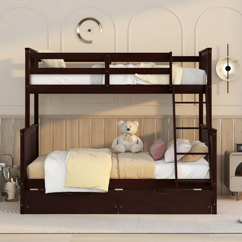 Harper & Bright Designs Twin Over Full Bunk Bed with Two Storage Drawers,Guardrails and Ladder,Solid Wood Bunk Bed Convertible to 2 Separated Platform Beds (Espresso)