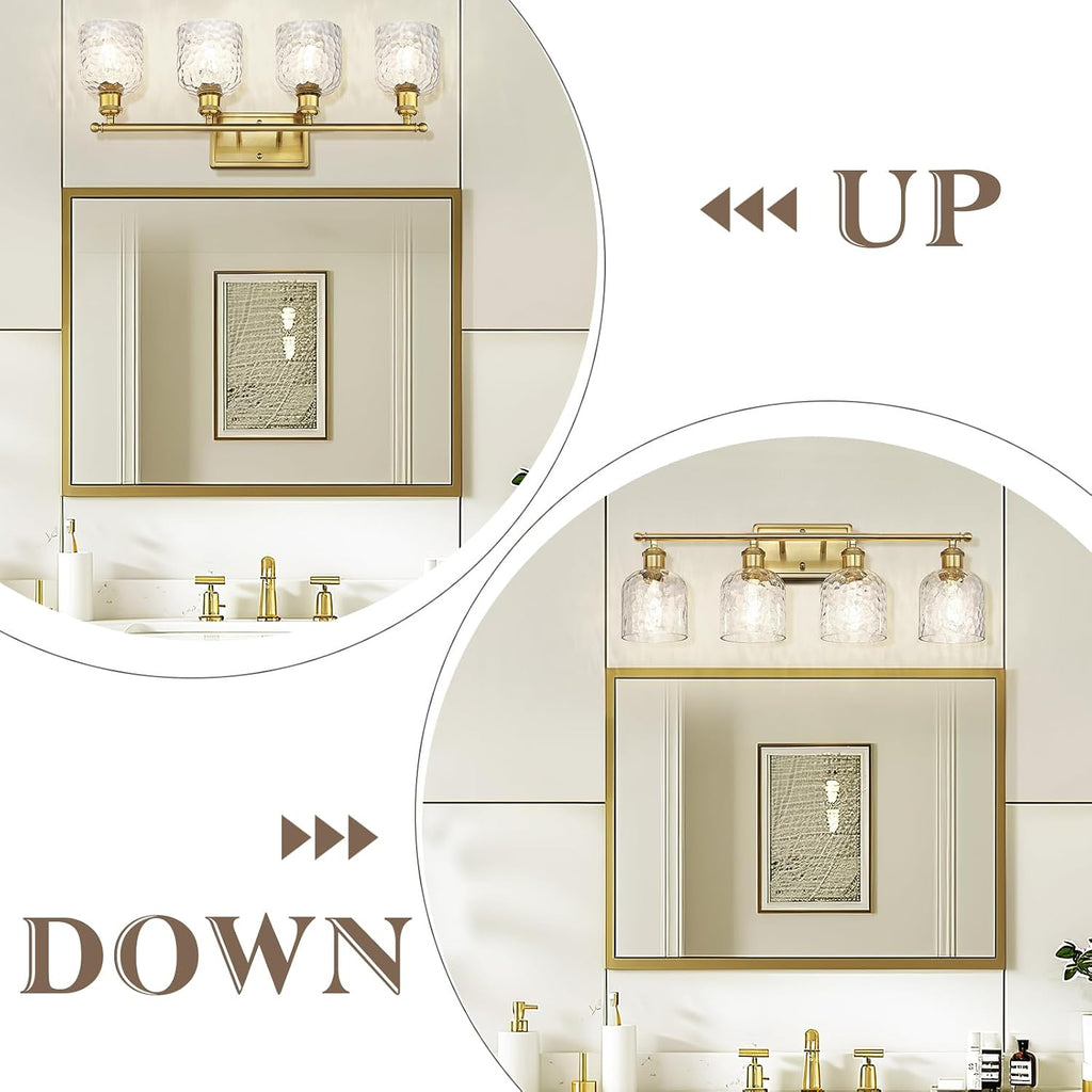 zeyu 27'' Modern Vanity Lights Over Mirror, 4-Light Brushed Gold Wall Light for Mirror Bedroom, Brushed Gold Finish with Clear Hammered Glass, ZJF63B-4W BG