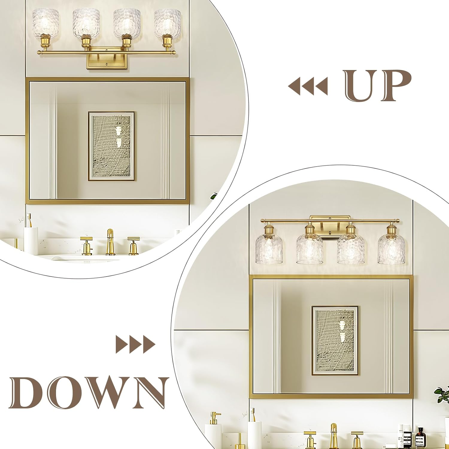 zeyu 27'' Modern Vanity Lights Over Mirror, 4-Light Brushed Gold Wall Light for Mirror Bedroom, Brushed Gold Finish with Clear Hammered Glass, ZJF63B-4W BG