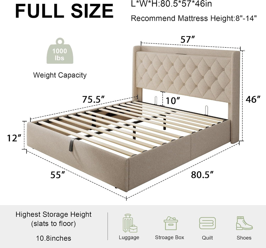 Feonase Full Size Bed Frame with Storage & Charging Station - Hydraulic Lift Up Platform Bed, Upholstered Button Tufted Headboard, Sturdy Wooden Slats, Noise-Free, No Box Spring Needed,Beige