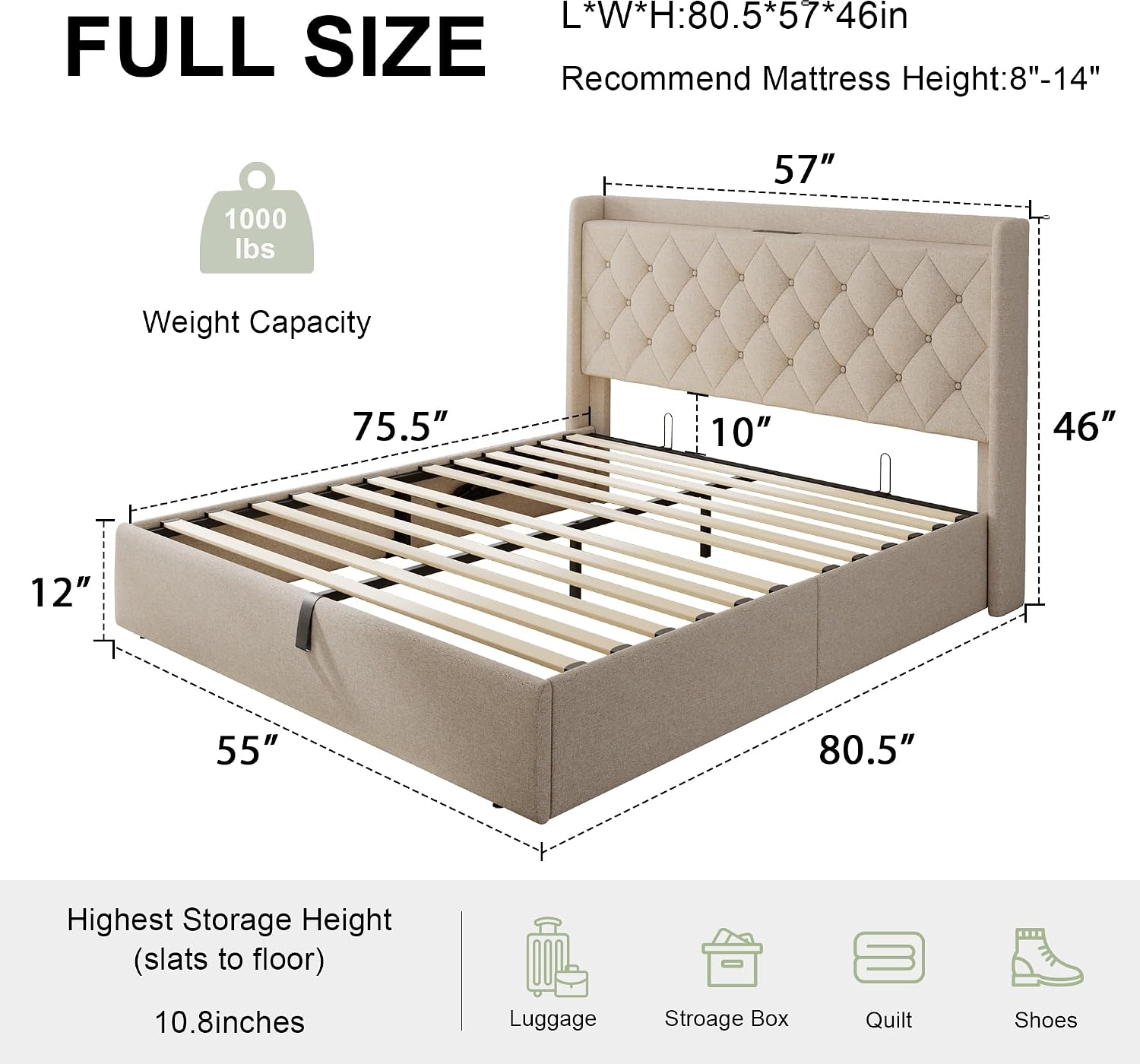 Feonase Full Size Bed Frame with Storage & Charging Station - Hydraulic Lift Up Platform Bed, Upholstered Button Tufted Headboard, Sturdy Wooden Slats, Noise-Free, No Box Spring Needed,Beige
