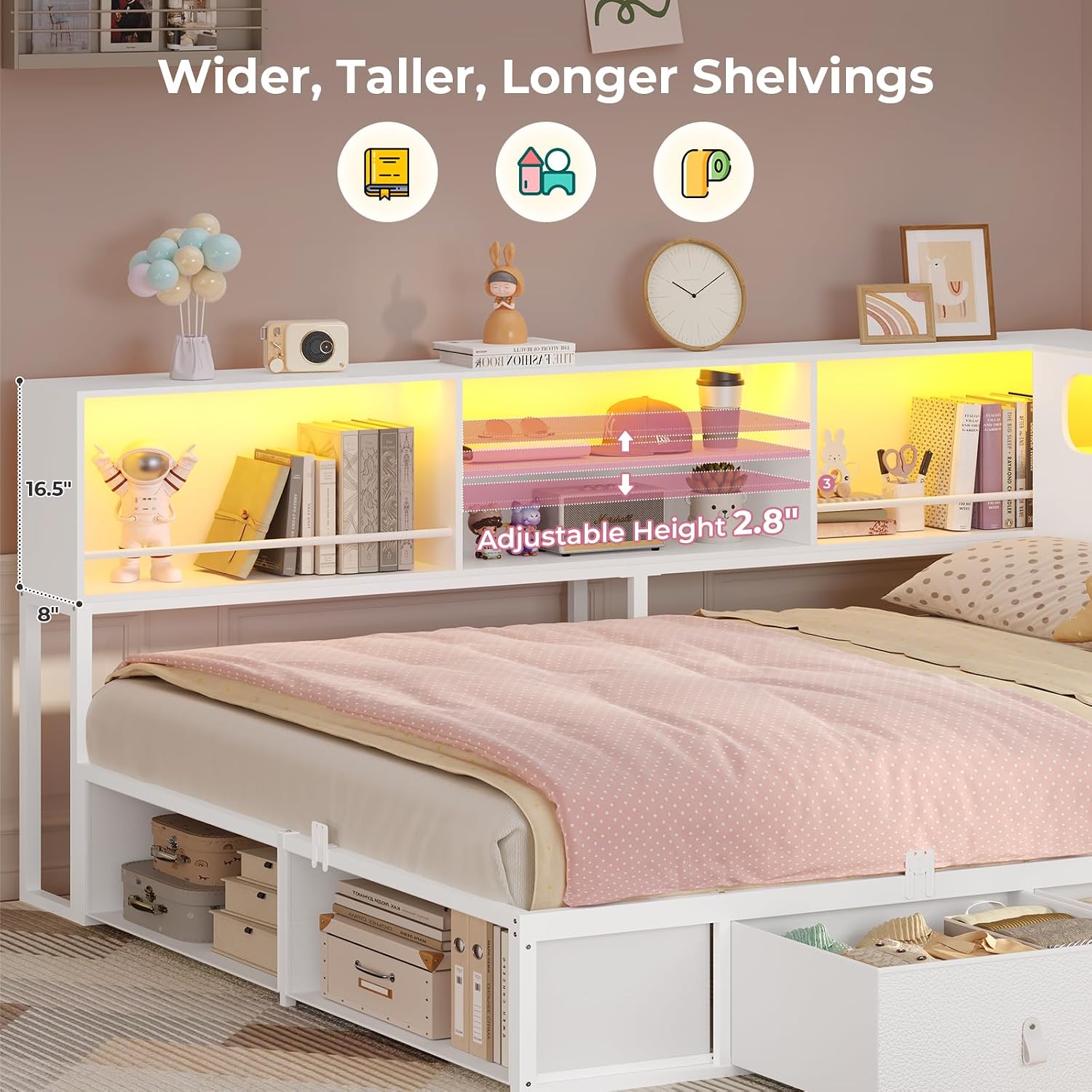 ADORNEVE Corner Bed Frame Full Size with Bookcase Storage & RGB Lights, Charging Station, Metal Daybed with 3 Drawers & 2 Open Cubbies, for Teens, Small Space, White