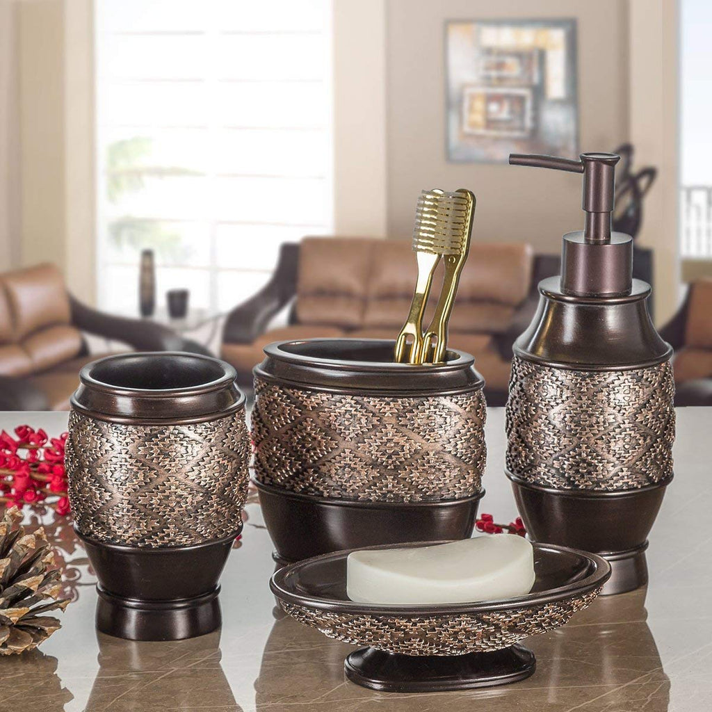 Creative Scents Dublin Brown Bathroom Accessories Set with Trash Can – 7-Piece Decorative Set: Wastebasket with Lid, Toilet Brush, Soap Dispenser, Tissue Cover, Soap Dish, Tumbler & Toothbrush Holder