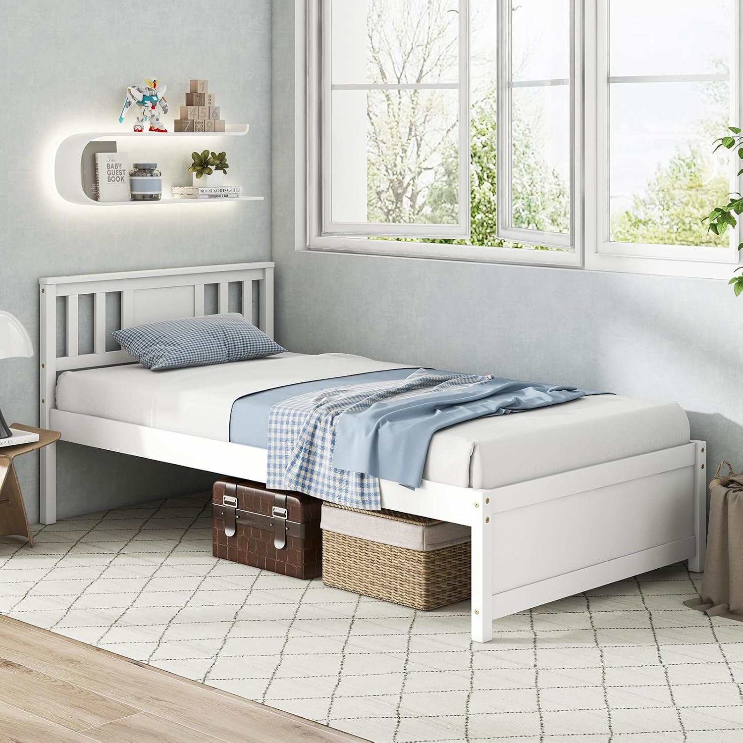 Giantex Wood Twin Bed Frames with Headboard, Mid Century Solid Wood Platform Bed with Wood Slat Support, Single Panel Bed, No Box Spring Needed, Twin Bed Frames for Kids, White