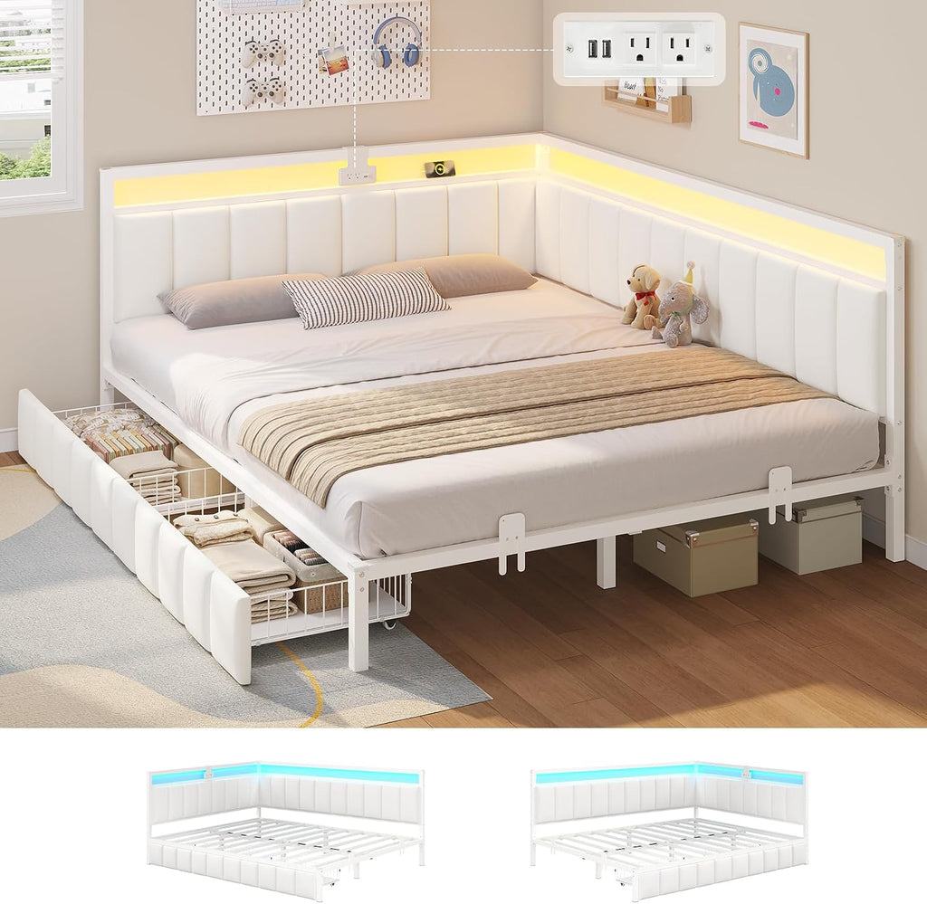 Hasuit Queen Corner Bed Frame with Storage Drawers, Queen Size Daybed with Line Fabric Upholstered Fence, Kids Bed Unit with LED Light and Charging Station, Modern Bed Frame Queenl Size, Beige