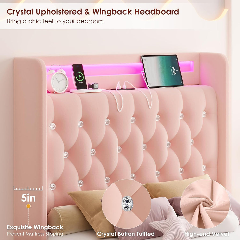 HIFIT Upholstered Twin LED Bed Frame with Charging Station Headboard & 2 Storage Drawers, Velvet Crystal Button-Tufted Princess Twin Size Platform Bed Frames for Kids/Girls, No Box Spring Needed, Pink